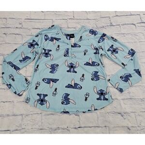 Disney Stitch Pajama Top Kids S 4-6 Aqua Blue Fleece Henley Lilo & Stitch